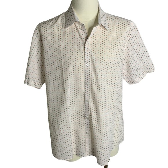Zachary Prell Button Up Short Sleeve Shirt L White Triangles Cotton Stretch